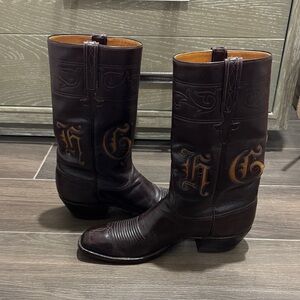Lucchese Dark Brown Leather Western Boots with Tan Embroidered Initials